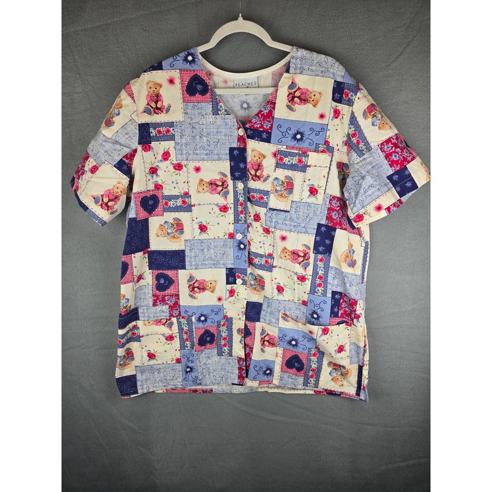 Peaches Uniforms Scrub Top Women Large Multicolor Teddy Bear Patchwork V-Neck